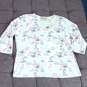 Vintage Tantrums Nautical 3/4 sleeve top size XL Lighthouses red white blue‎